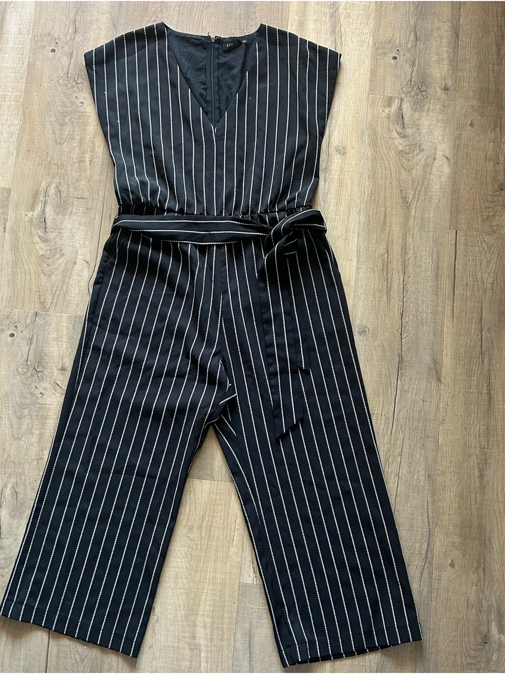 Storia Black Pinstripe V-Neck Jumpsuit with Tie Belt